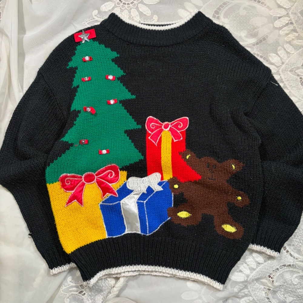 Rare Vintage Christmas Sweater Teddy Bear Tree Gifts Black Large